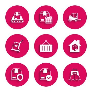 Set Container on crane, ackage box with check mark, Cargo ship boxes delivery Illustrazione stock