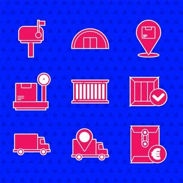 Set Container, Delivery tracking, Envelope with euro symbol, Wooden box check Illustrazione stock