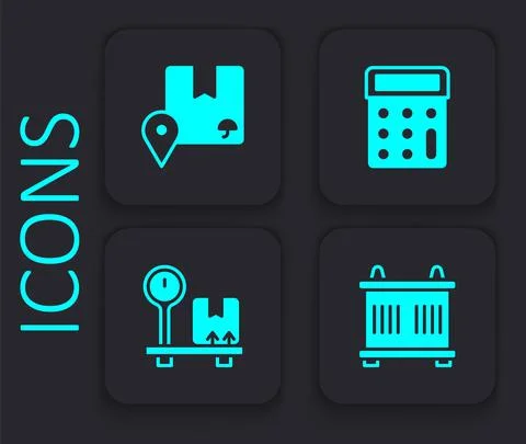Set Container, Location with cardboard box, Calculator and Scale icon. Black Illustrazione stock