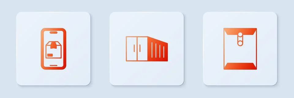 Set Container, Mobile app delivery tracking and Envelope. White square button Stock Illustration