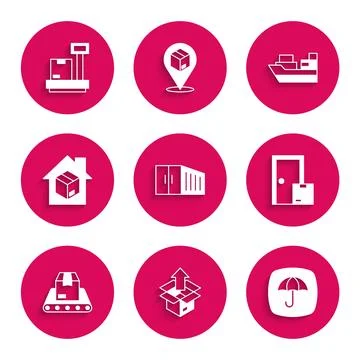 Set Container, Unboxing, Delivery package with umbrella, Home delivery serv.. Stock Illustration