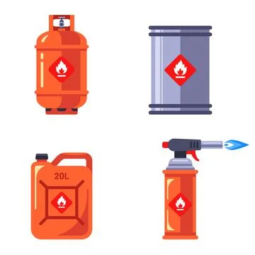 Set of containers with flammable substances. storage of hazardous liquids in Illustrazione stock