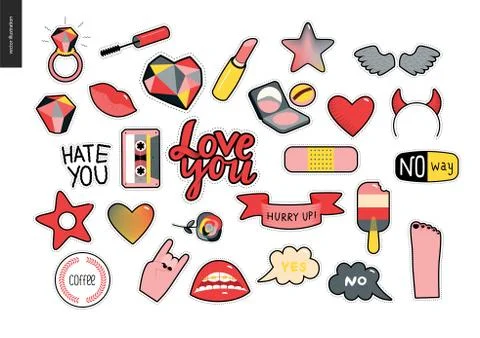 Set of contemporary girly patches elements Stock Illustration