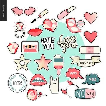 Set of contemporary girly patches elements Stock Illustration
