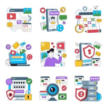 Set of Content Creation and Security Flat Illustrations Ilustração Stock