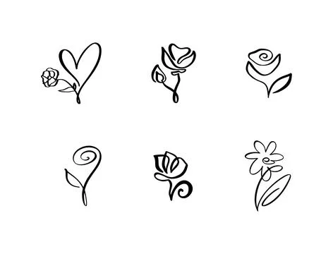 Set of Continuous Line art Drawing Vector Calligraphic Flower logo. Black Sketch Stock Illustration
