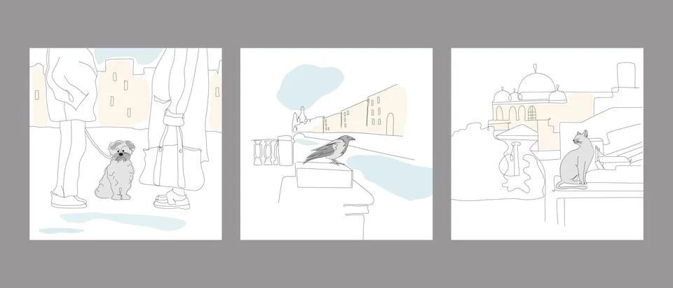Set Continuous line art or One Line Drawing. Set of urban sketches with anima Stock Illustration