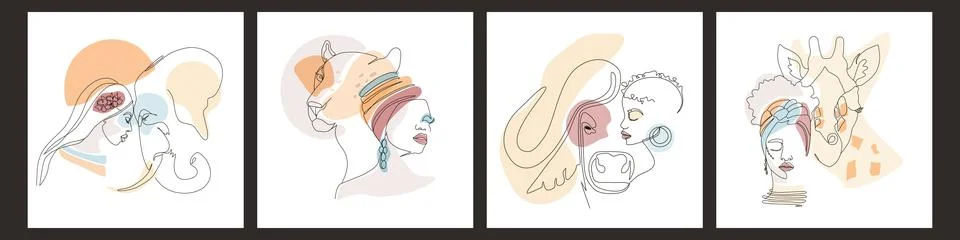Set Continuous line art or One Line Drawing. African woman with animals  vect Stock Illustration