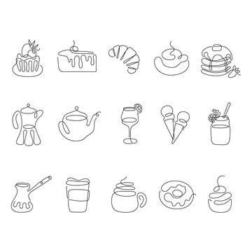 Set continuous line drawing of drinks, desserts. Stock Illustration