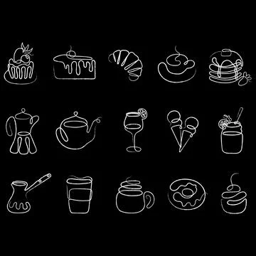 Set continuous line drawing of drinks, desserts. Stock Illustration