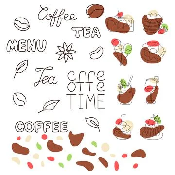 Set continuous line drawing of drinks, desserts. Stock Illustration