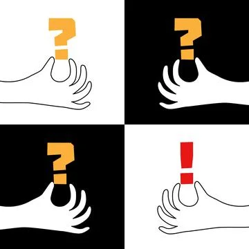 Set of Continuous line drawing Hand holding orange question mark, and red exc Stock Illustration