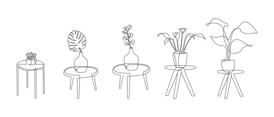 Set of continuous line drawing of house plant and flowers in pots. Linear Stock Illustration