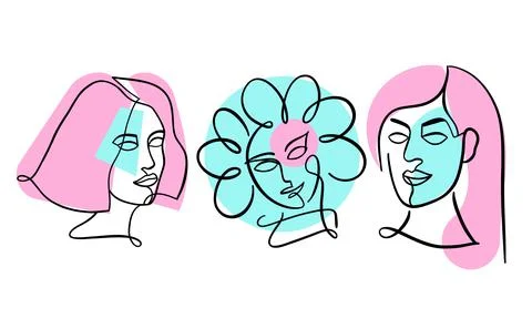 Set of continuous one line minimalistic woman face. Illustrazione stock