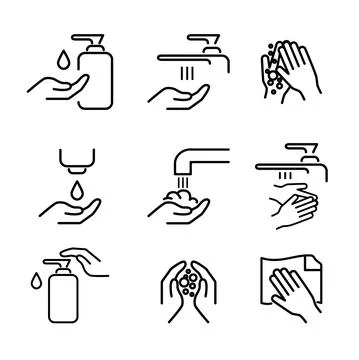 Set of contour linear icons of hand washing, hand hygiene, disease prevention Stock Illustration