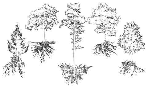 Set of contour trees with roots. Beautiful fir, pine, deciduous trees. Vect.. Stock Illustration