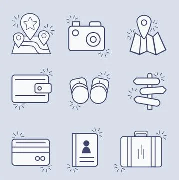 Set of contour vector icons of road, vacation, vacation. Symbols Line. Stock Illustration