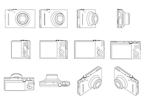 Set with the contours of the camera in different positions from black lines Stock Illustration