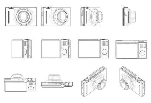 Set with the contours of the camera in different positions from black lines Stock Illustration