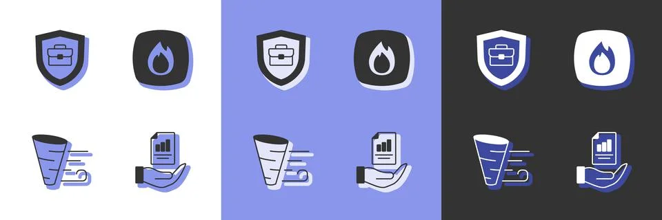 Set Contract in hand, Briefcase with shield, Tornado and Fire flame icon. Vector Stock Illustration