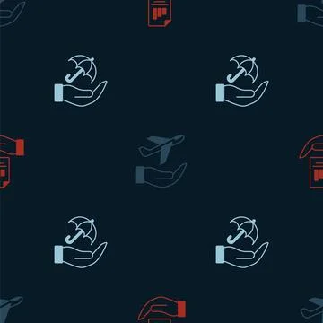 Set Contract in hand, Plane and Umbrella on seamless pattern. Vector Stock Illustration