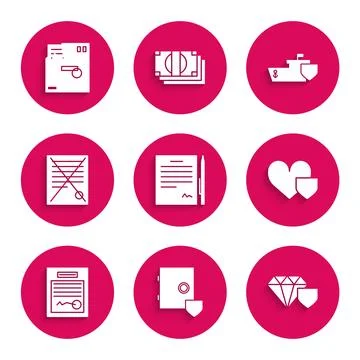 Set Contract with pen, Safe shield, Diamond, Heart, Filled form, Delete fil.. Stock Illustration