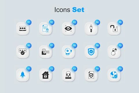 Set Contract with shield, Cyber security, Document and lock, Ringing alarm .. Stock Illustration