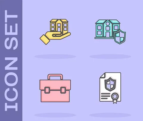 Set Contract with shield, House in hand, Briefcase and icon. Vector Illustration