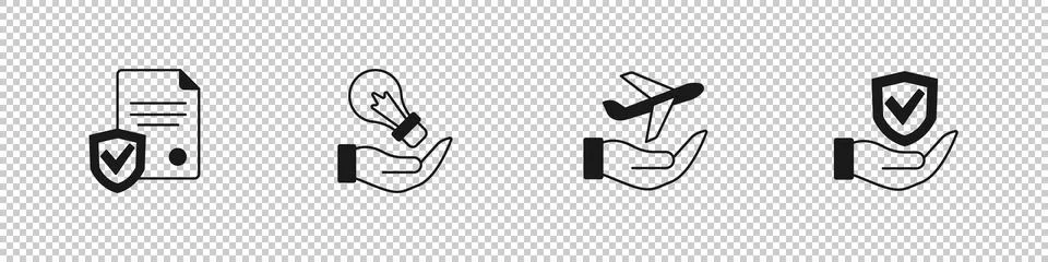 Set Contract with shield, Light bulb in hand, Plane and Shield icon. Vector Stockillustratie