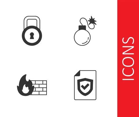 Set Contract with shield, Lock, Firewall, security wall and Bomb icon. Vector Ilustración de archivo