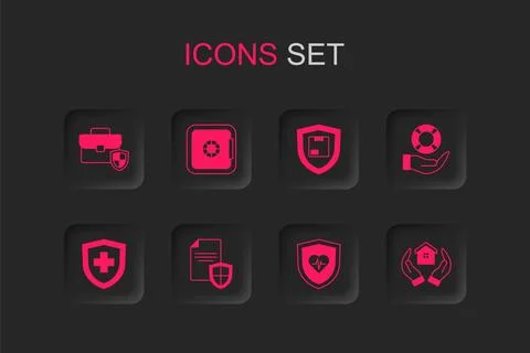 Set Contract with shield, Safe, Briefcase, Life insurance, Lifebuoy hand, H.. Stock Illustration