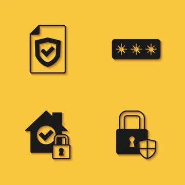Set Contract with shield, Shield security lock, House under protection and Stock Illustration
