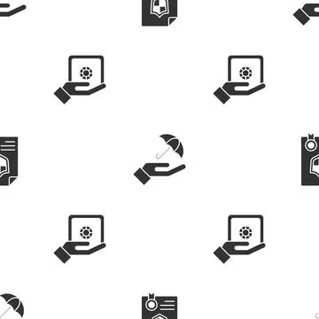 Set Contract with shield, Umbrella in hand and Safe on seamless pattern. Vector Stock Illustration