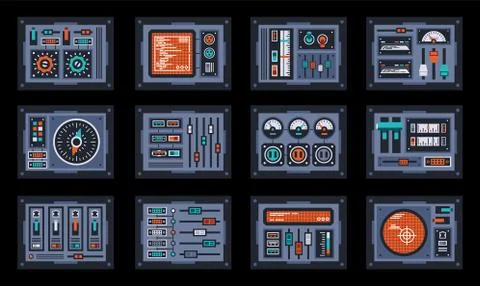 Set of control panel elements for the spaceship Stock Illustration