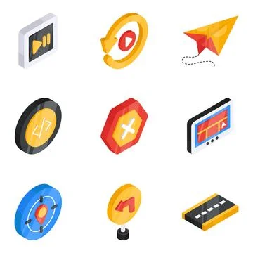 Set of Controls and Navigation Flat Isometric Icons Stock Illustration