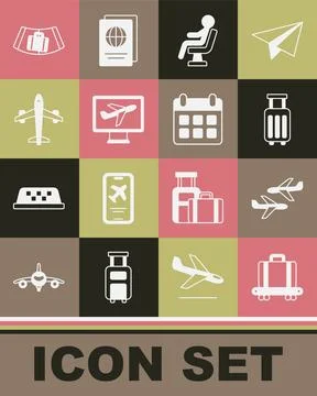 Set Conveyor belt with suitcase, Plane, Suitcase, Human waiting in airport Illustration