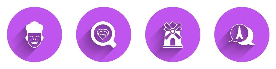 Set Cook, Coffee cup, Windmill and Eiffel tower icon with long shadow. Vector Illustrazione stock