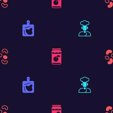 Set Cook, Cutting board, Jam jar and Jelly candy on seamless pattern. Vector Illustrazione stock