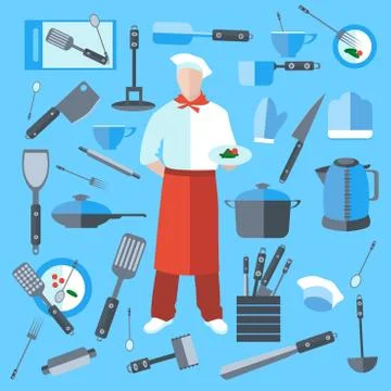 Set cook kitchen elements coffee maker, knife, frying pan Stock Illustration