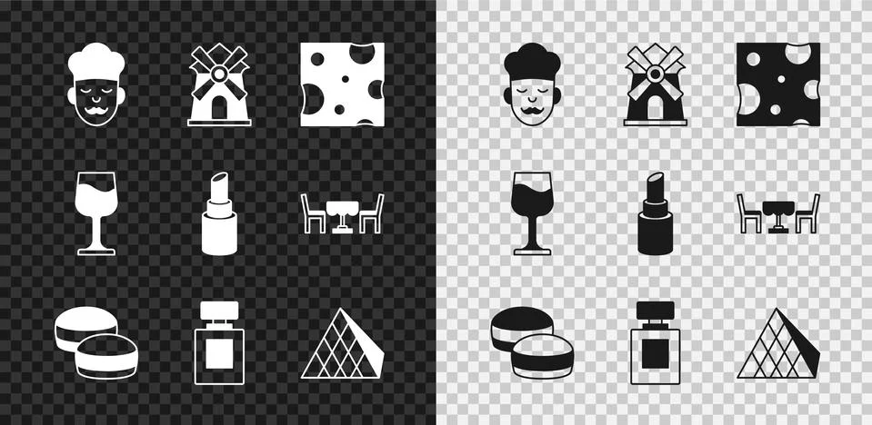 Set Cook, Windmill, Cheese, Macaron cookie, Perfume, Louvre glass pyramid, Wine Stock Illustration