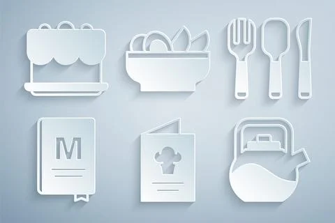 Set Cookbook, Fork, spoon and knife, Restaurant cafe menu, Kettle with handle Illustration