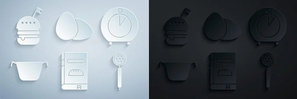 Set Cookbook, Kitchen timer, Cooking pot, Strainer spoon, Chicken egg and Burger 스톡 일러스트