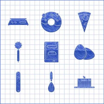 Set Cookbook, Kitchen whisk, Stack of pancakes, Chicken egg, French baguette 库存插图