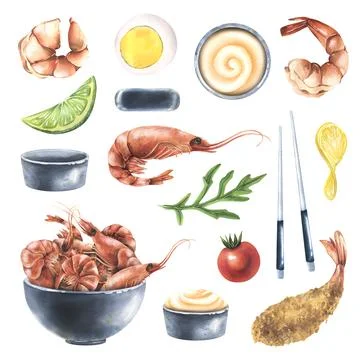 A set of cooked shrimp with sauces, vegetables and utensils. Watercolor Stock Illustration