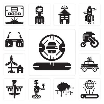 Set of Cooker, Hologram, Cloud computing, Robot, Drone, Car, Eolic energy, Ve 無料イラスト素材