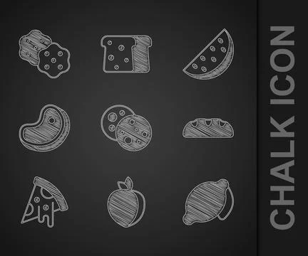 Set Cookie with chocolate, Plum fruit, Lemon, Bread loaf, Slice of pizza, Steak Stock Illustration