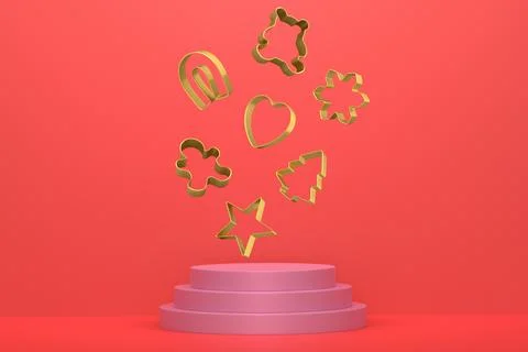 Set of cookie cutters float above podium with abstract background, symboliz.. Ilustração Stock