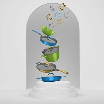 Set of cookie cutters float above kitchen cookware set with lids and podium w Ilustração Stock