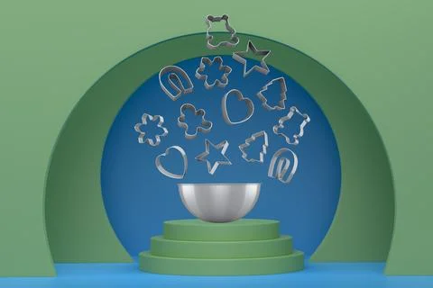 Set of cookie cutters float above a bowl and podium with abstract backgroun.. Stock Illustration