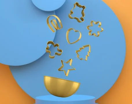 Set of cookie cutters float above a bowl and podium with abstract background, Ilustração Stock